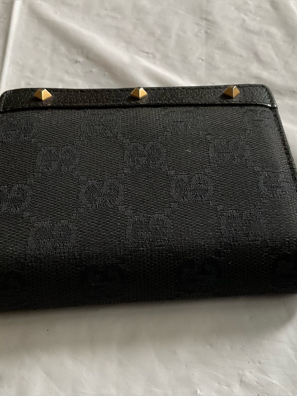 GUCCI Black GG Canvas Leather Compact Stud Wallet